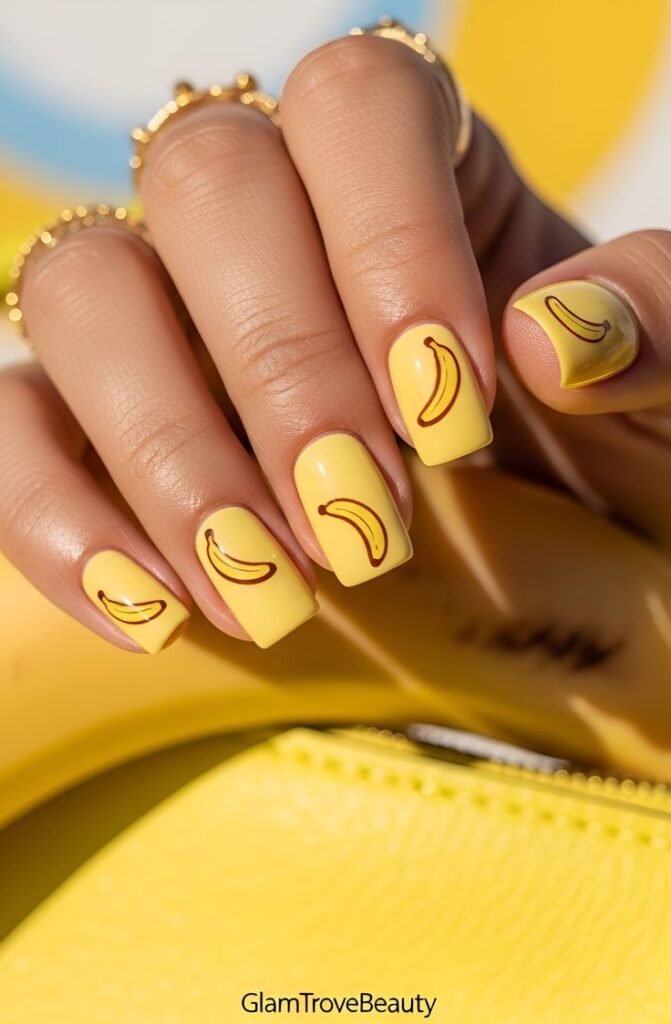 Banana yellow nails with fruit-themed nail art by nailbeautyguide