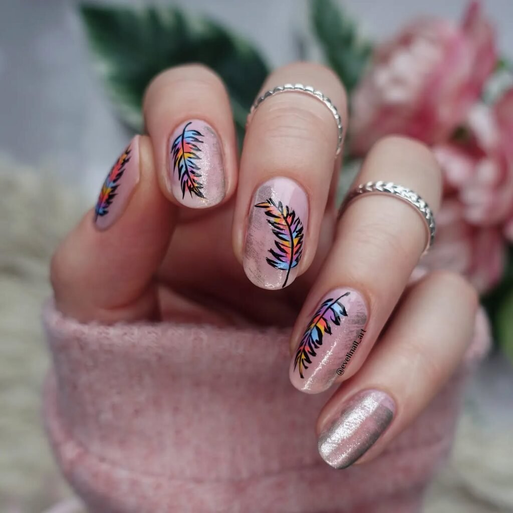 Feather drift nails with floating patterns by evelinail_art