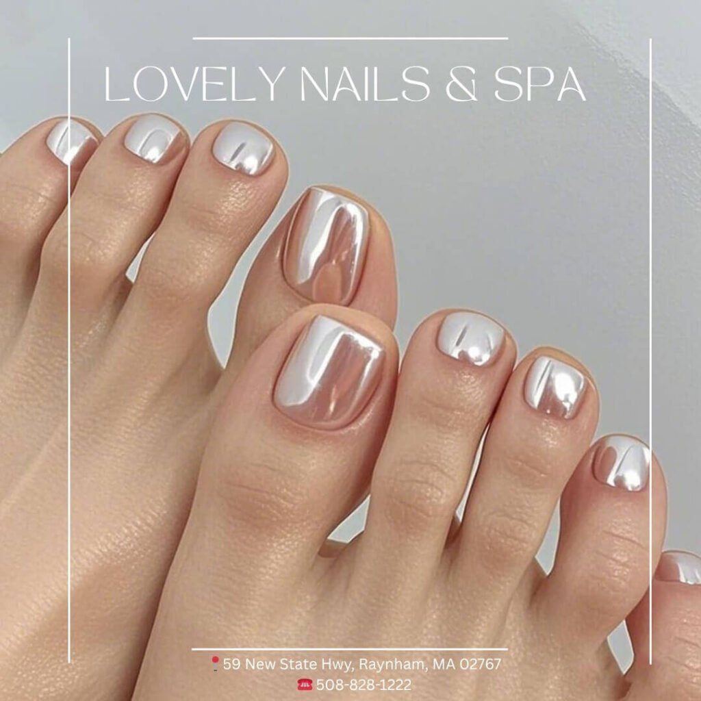 Futuristic shot of chrome mirror toe nails reflecting colorful lights and surroundings by lovely.nailsandspa