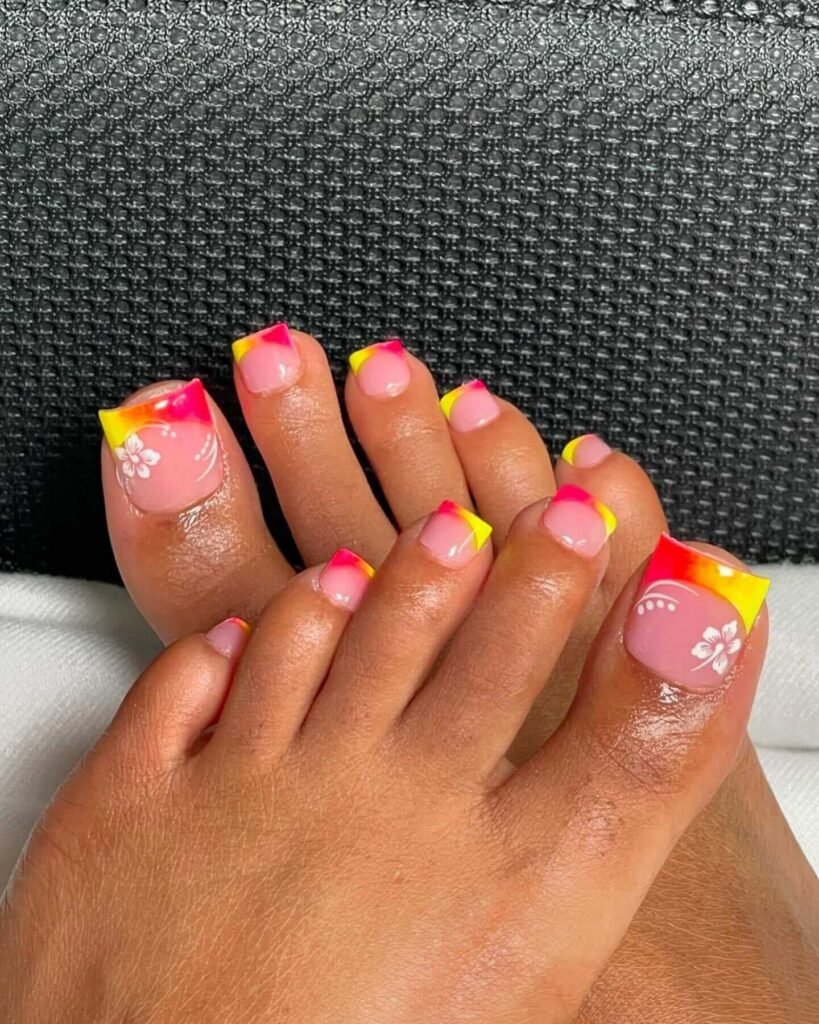 High-energy shot of neon geometric toe nails under blacklight with glow sticks and party atmosphere by brezyynails