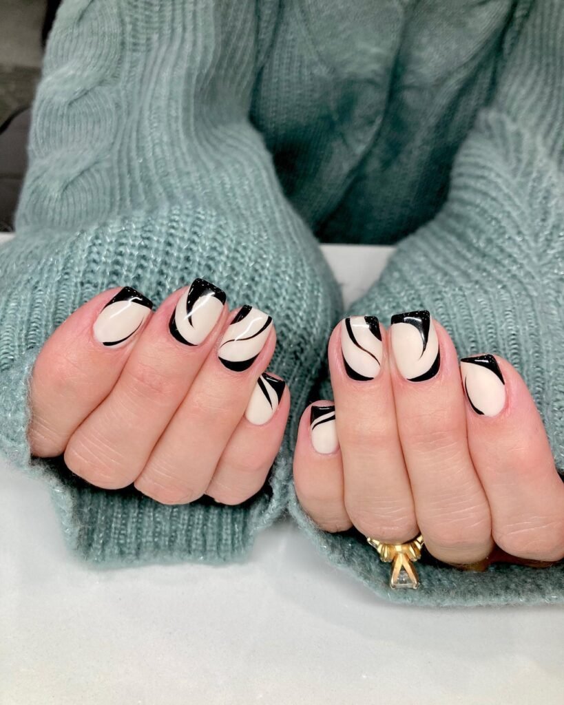 Nearly clear base with thin black artistic lines by sugarnailsstatenisland
