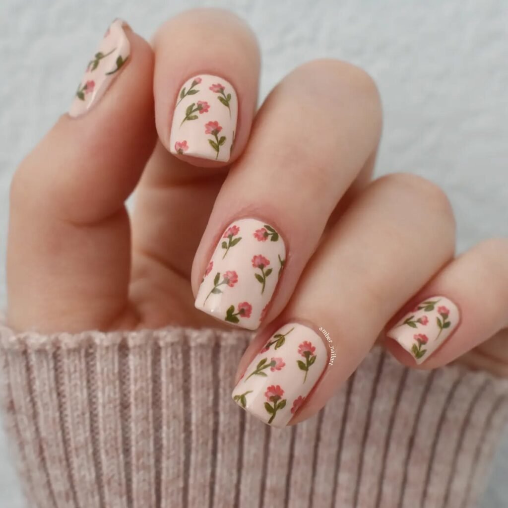 Neutral base with artistic flower interpretations by amber_nailart
