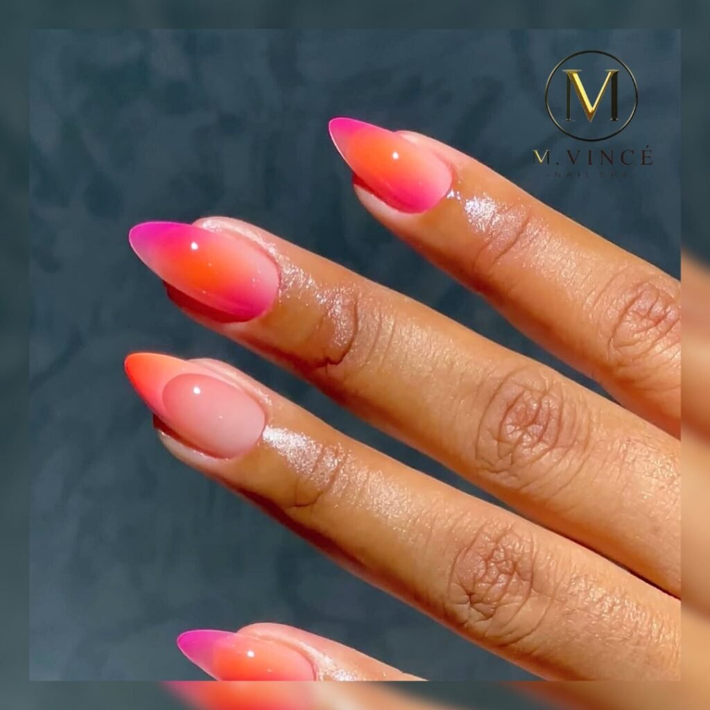 Orange-to-pink blend with abstract line overlay by m.vincenailspa