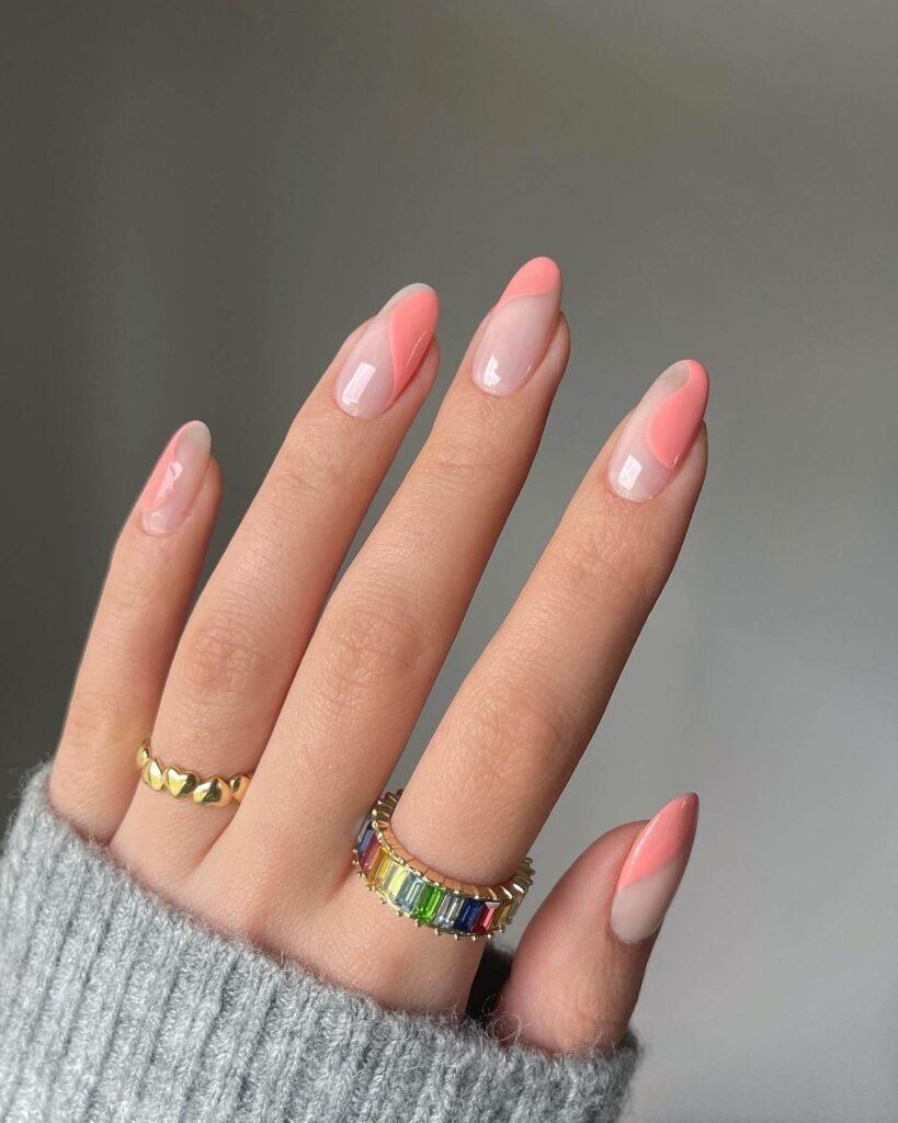 Peach nails with white floral designs by heluviee