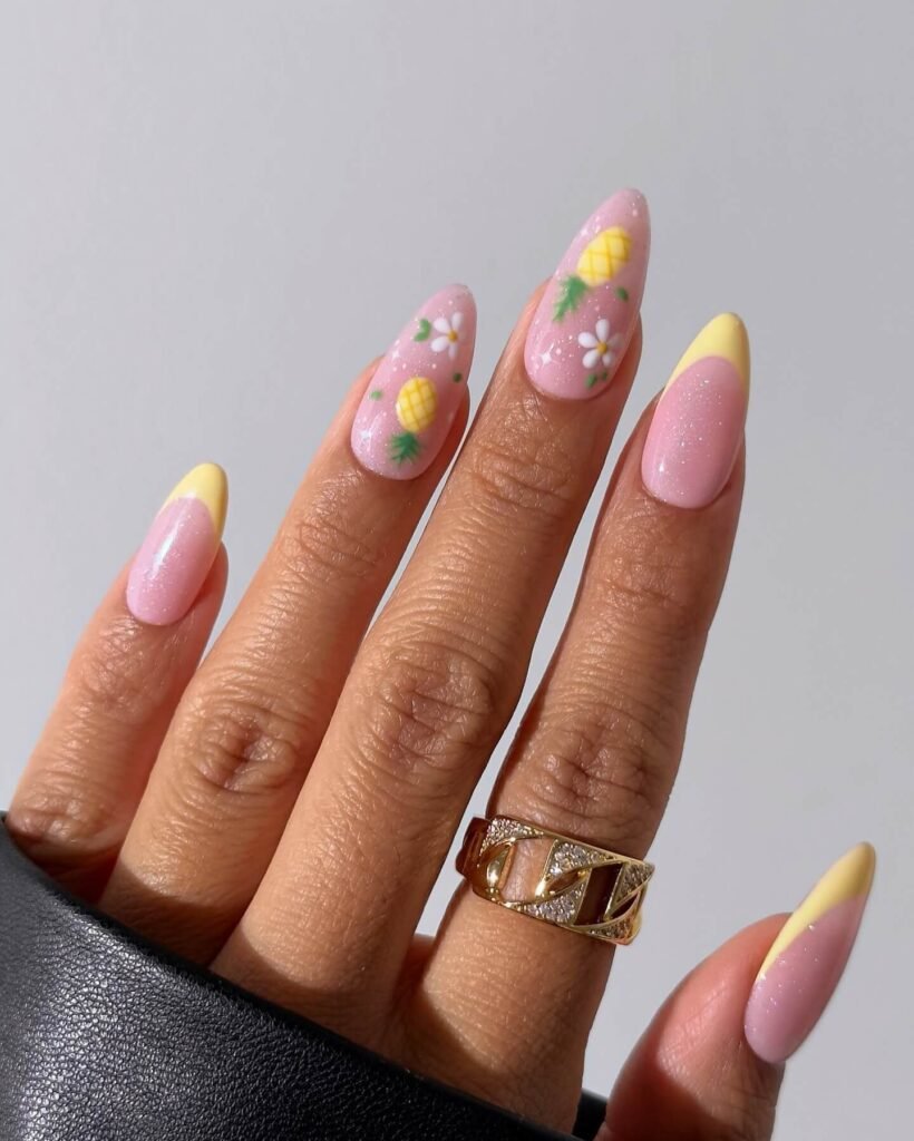 Pineapple crown nails with tropical setting by pearliepressed
