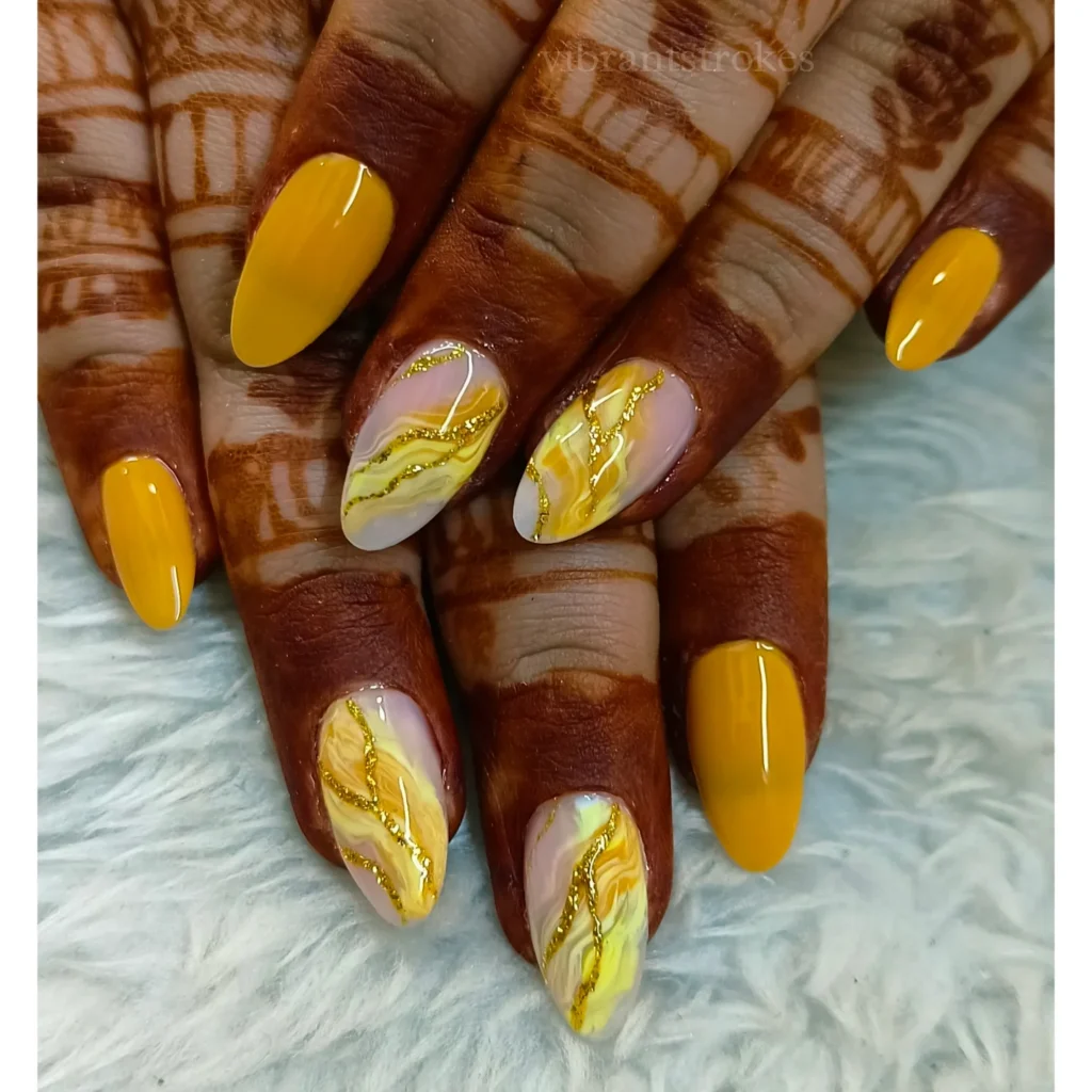 Yellow and white marble effect nails by vibrantstrokes