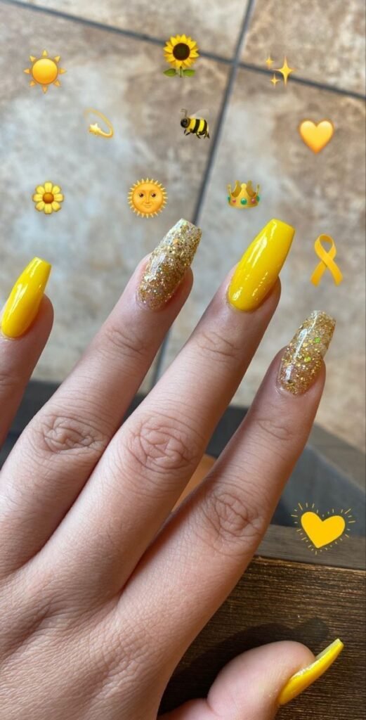 Yellow base with gold and silver glitter overlay by nailbeautyguide