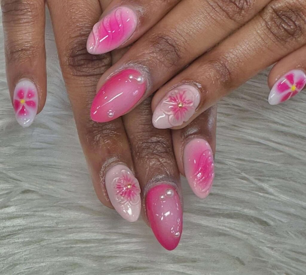 3D nails styled with pearl jewelry by kimnailsbeautylounge
