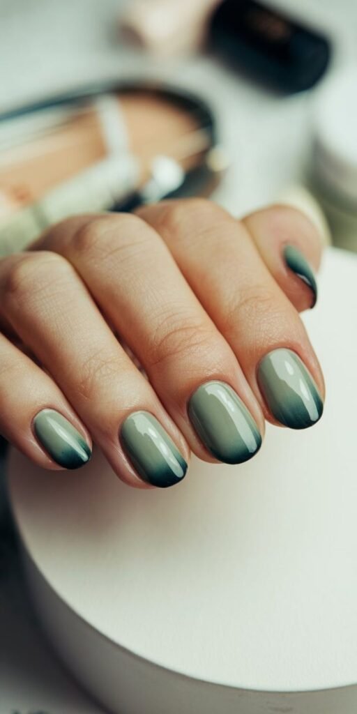 Alternating sage and darker green nails by nailbeautyguide