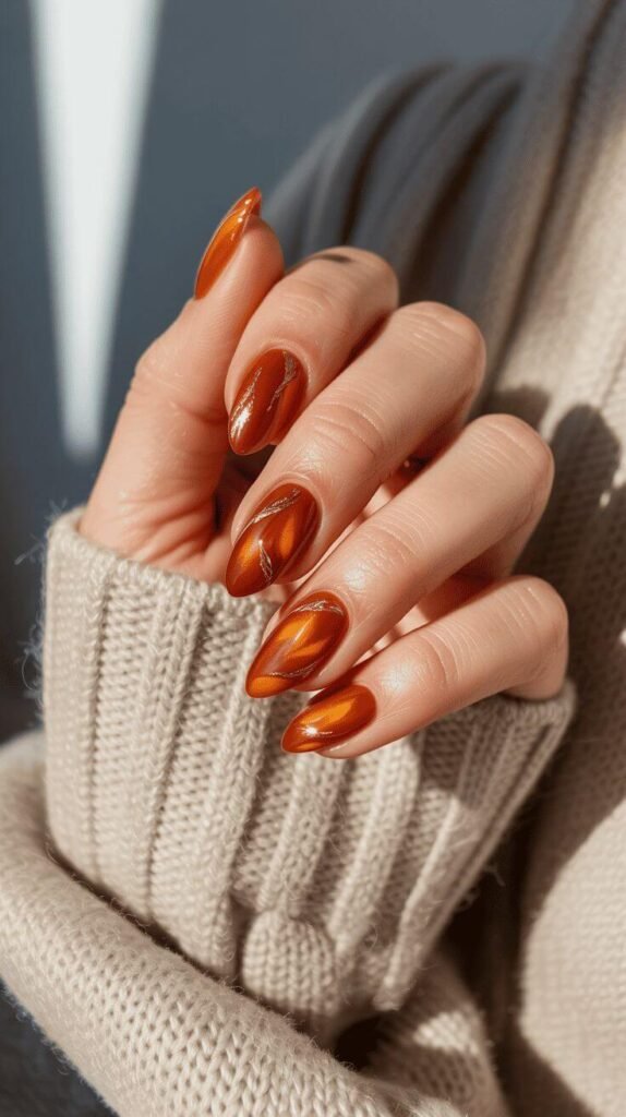 Burnt orange skittle mani with mixed finishes by nailbeautyguide