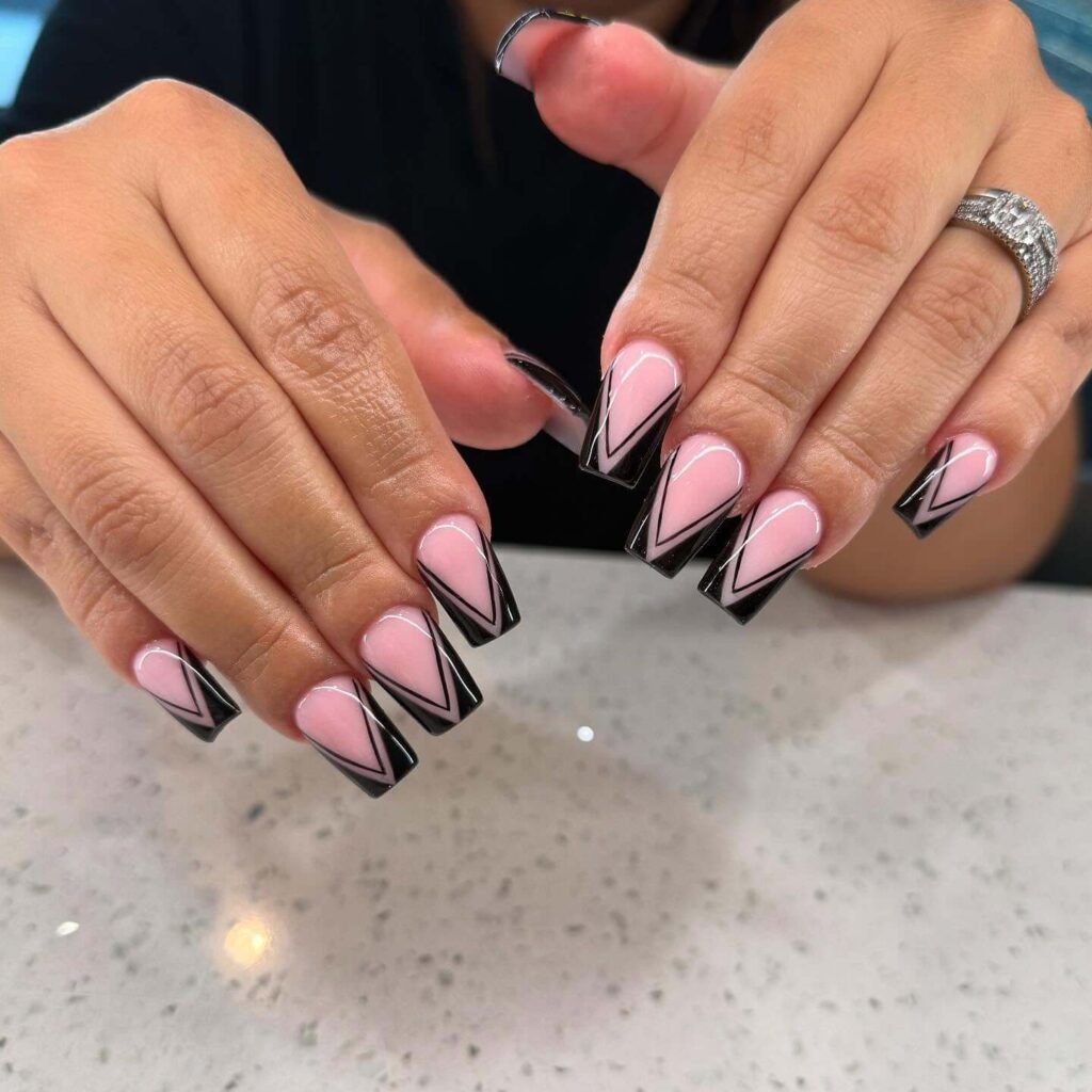 Chevron French tips styled with angular decor by inachinails