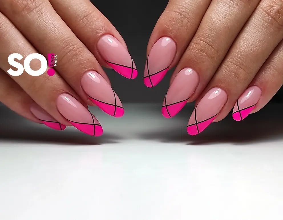 Geometric French tips styled with angular decor by sodinkynails