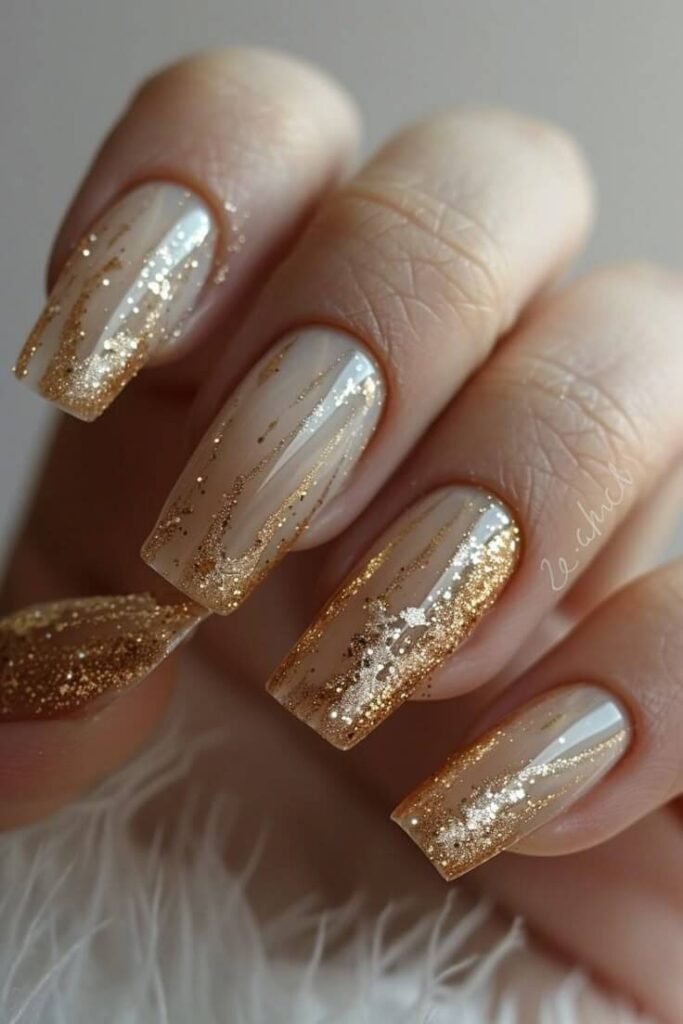 Golden glitter October nails with shimmering festive accents by nailbeautyguide