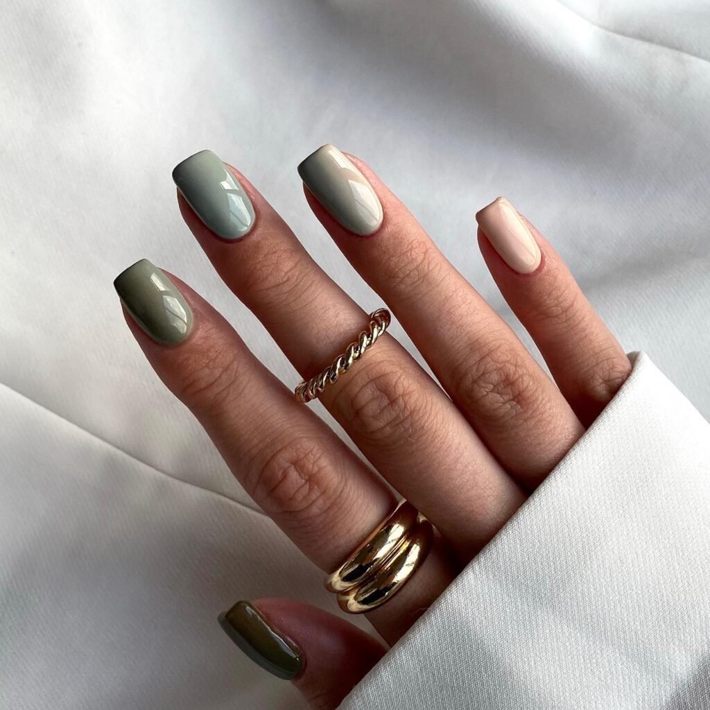 Gradient fade from nude to deep sage at the tips by annagracenails_