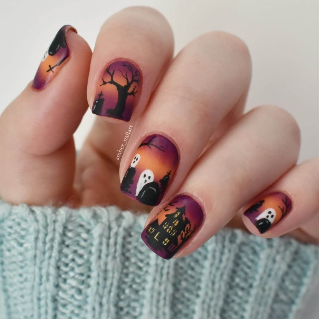 Haunted graveyard nail scene by amber_nailart