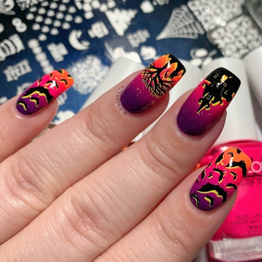 Haunted house silhouette nail design pblnails