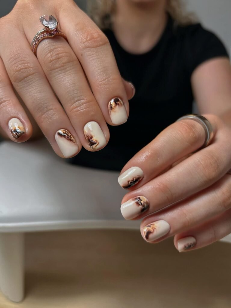 Mocha marble swirl gel nails, coffee tones by _by_shelley