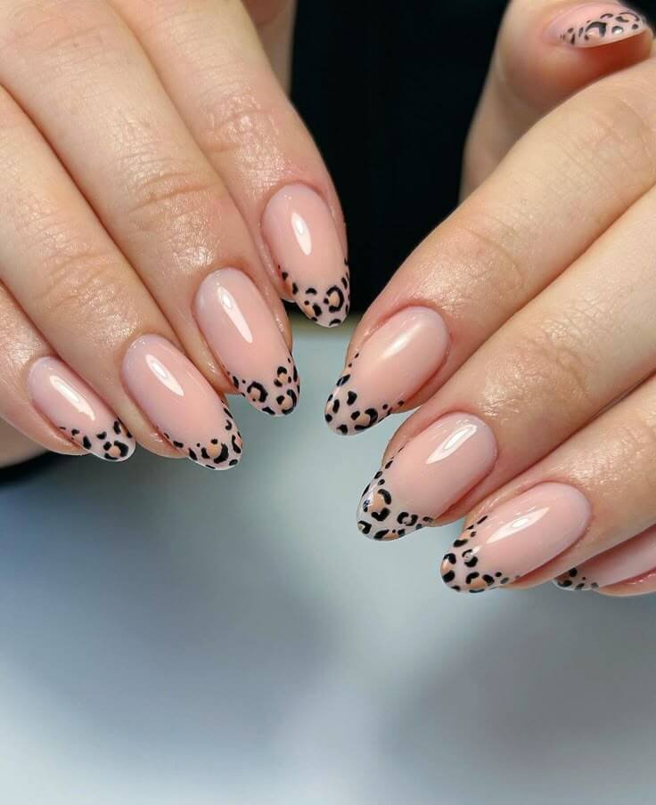 Nude nails with leopard print near black tips by nailbeautyguide