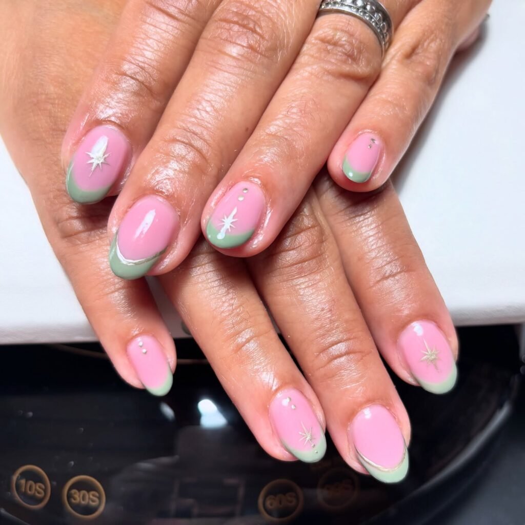 Nude nails with sage green tips in a French manicure style by blossoms_nailsandbeauty