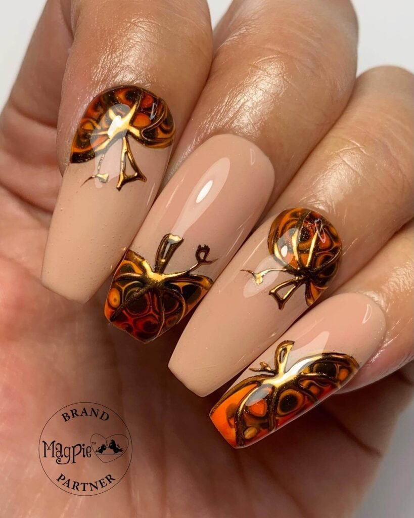 Pumpkin design October nails with festive autumn accents by asprettyas_nailsbykelly