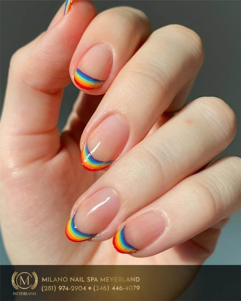 Rainbow French tips styled with colorful props by milanonailspameyerland