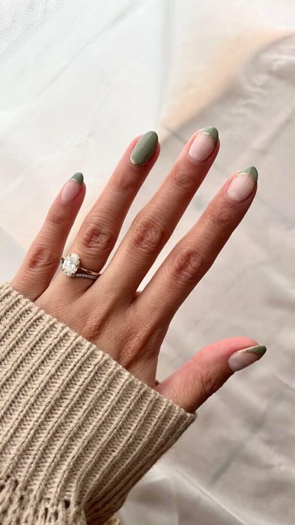 Sage green accent tips on nude base by nailbeautyguide
