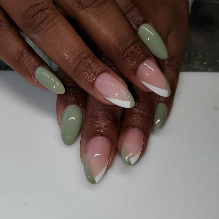 Sage nails edged with slim white borders by nailbeautyguide
