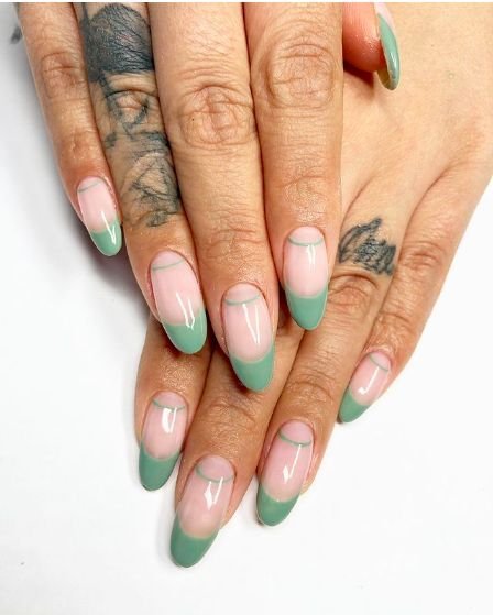 Sage nails with bare or white half-moons near the cuticle by nailbeautyguide