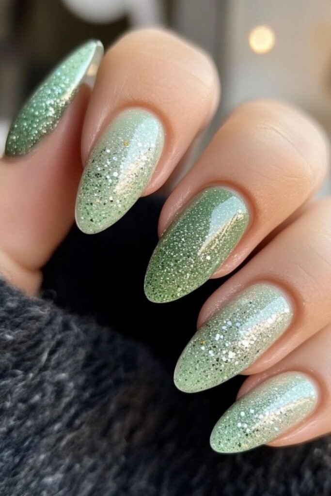 Sage nails with one or two accent nails covered in silver glitter by nailbeautyguide