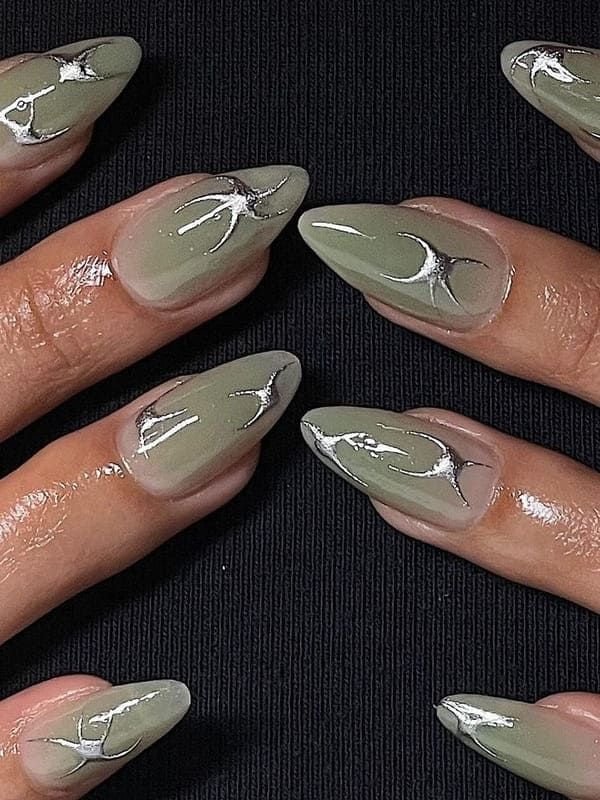Sage nails with scattered silver foil by nailbeautyguide