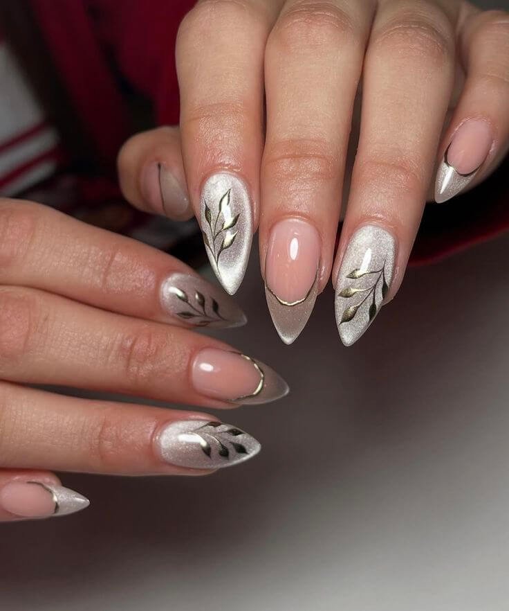 Silver chrome October nails with reflective metallic finish by nailbeautyguide