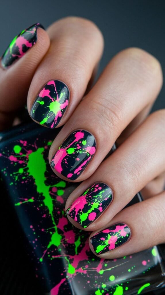 Splatter nails photographed alongside colorful paintbrushes by nailbeautyguide

