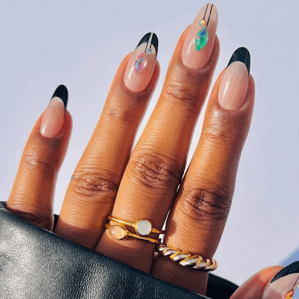 Black French Tips with Colorful Gemstone Accents Christmas by brushedbyb_