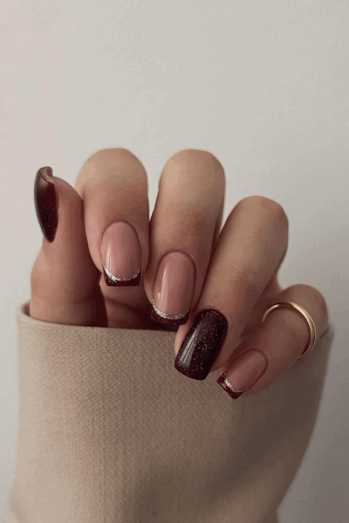 Cozy Chocolate Brown Nails with Gold Glitter Outline Tips by ollszuu
