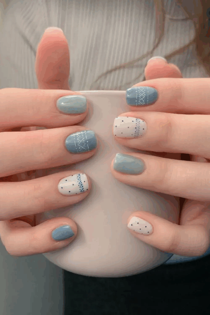 Cozy Fair Isle Sweater Pattern Nails Blue and White by nailalamode