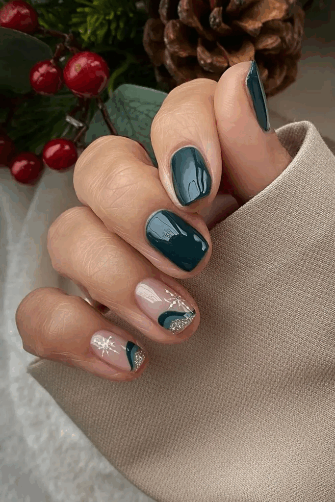 Dark Green Nails with Intricate Silver Snowflake Details by lindseysbeautylounge1