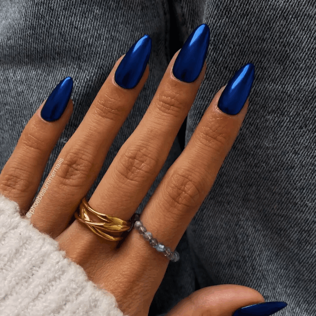 Deep Dark Blue Chrome Nails Metallic Winter Shade by phoebesummernails