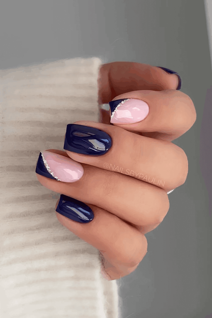 Diagonal Navy Blue French Tips with Silver Liner December by nailsbypaulin