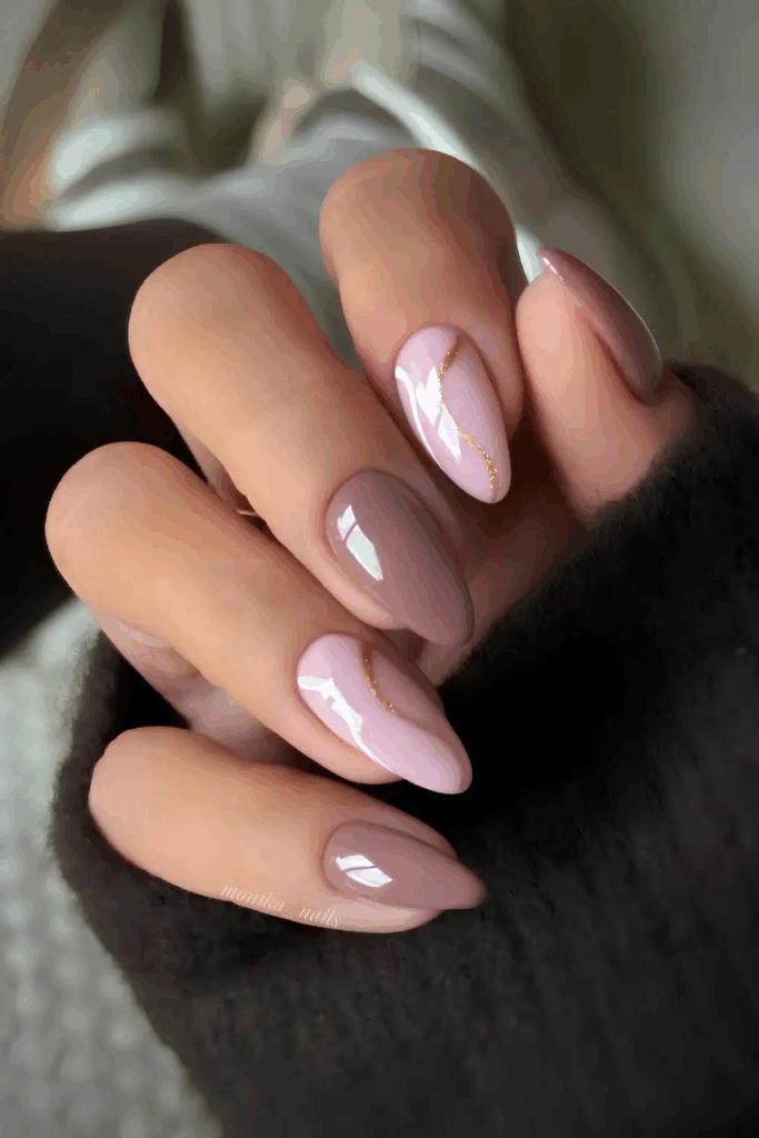 Dusty Mauve Nails with Minimalist Gold Swirl Art by monika__nails