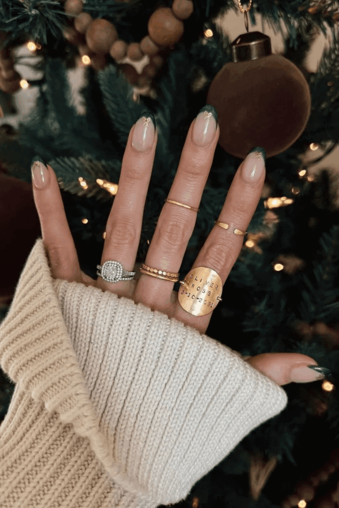 Emerald Green French Tips with Tiny Gold Bow Decals by fashionablykay