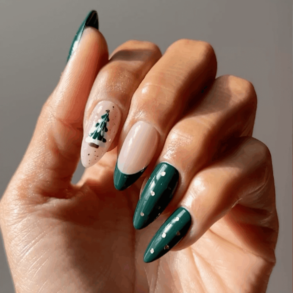 Forest Green Nails with White Snowy Christmas Tree Designs by overglowedit