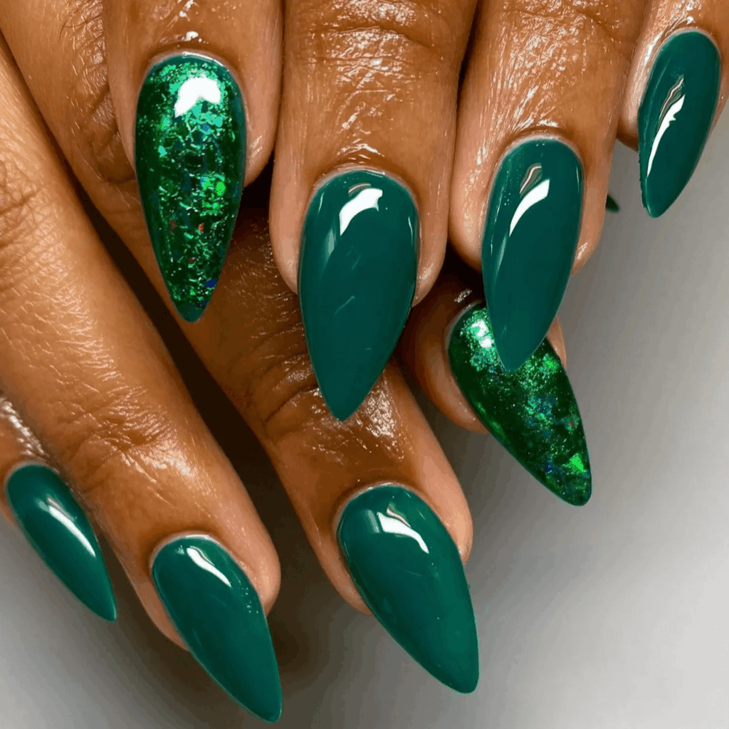 Green Foil Stiletto Nails Festive Holiday Manicure by brownluxenails