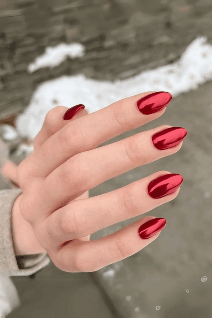 Intense Red Metallic Chrome Nails for December 2025 by nailbeautyguide