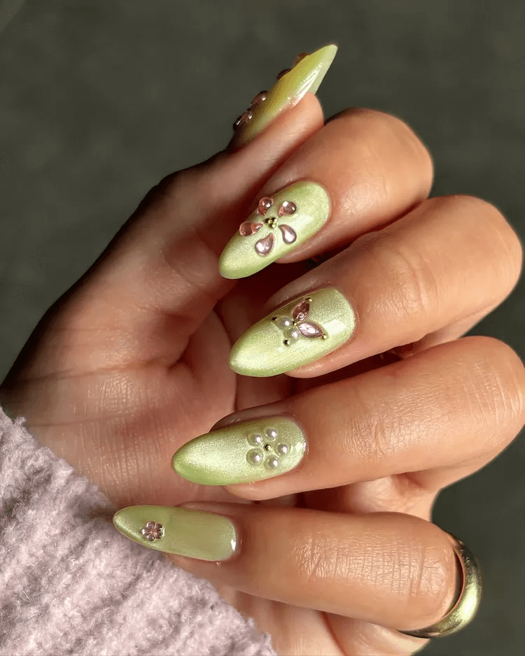 Iridescent Sage Green with Pink Gem Flowers by rachelsuenails