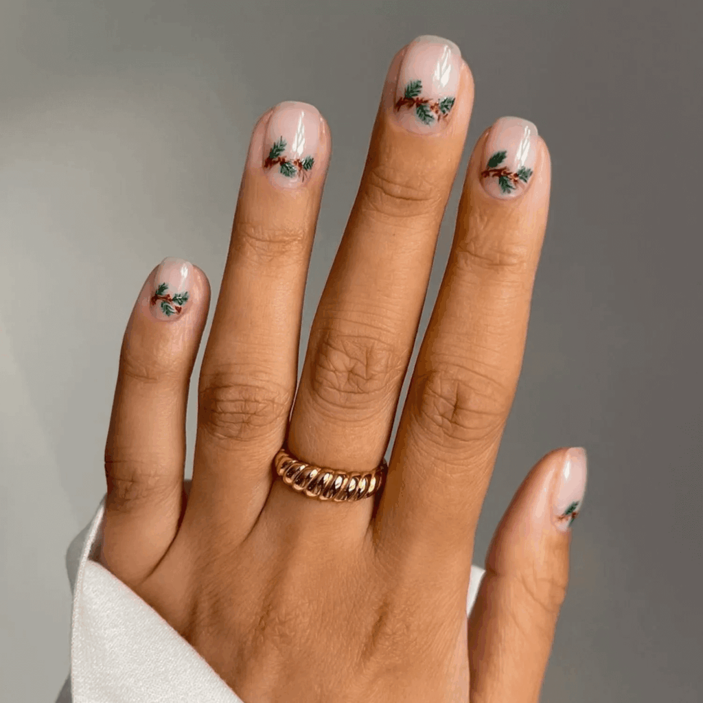 Minimalist Short Nails with Detailed Holly Plant Art by iramshelton