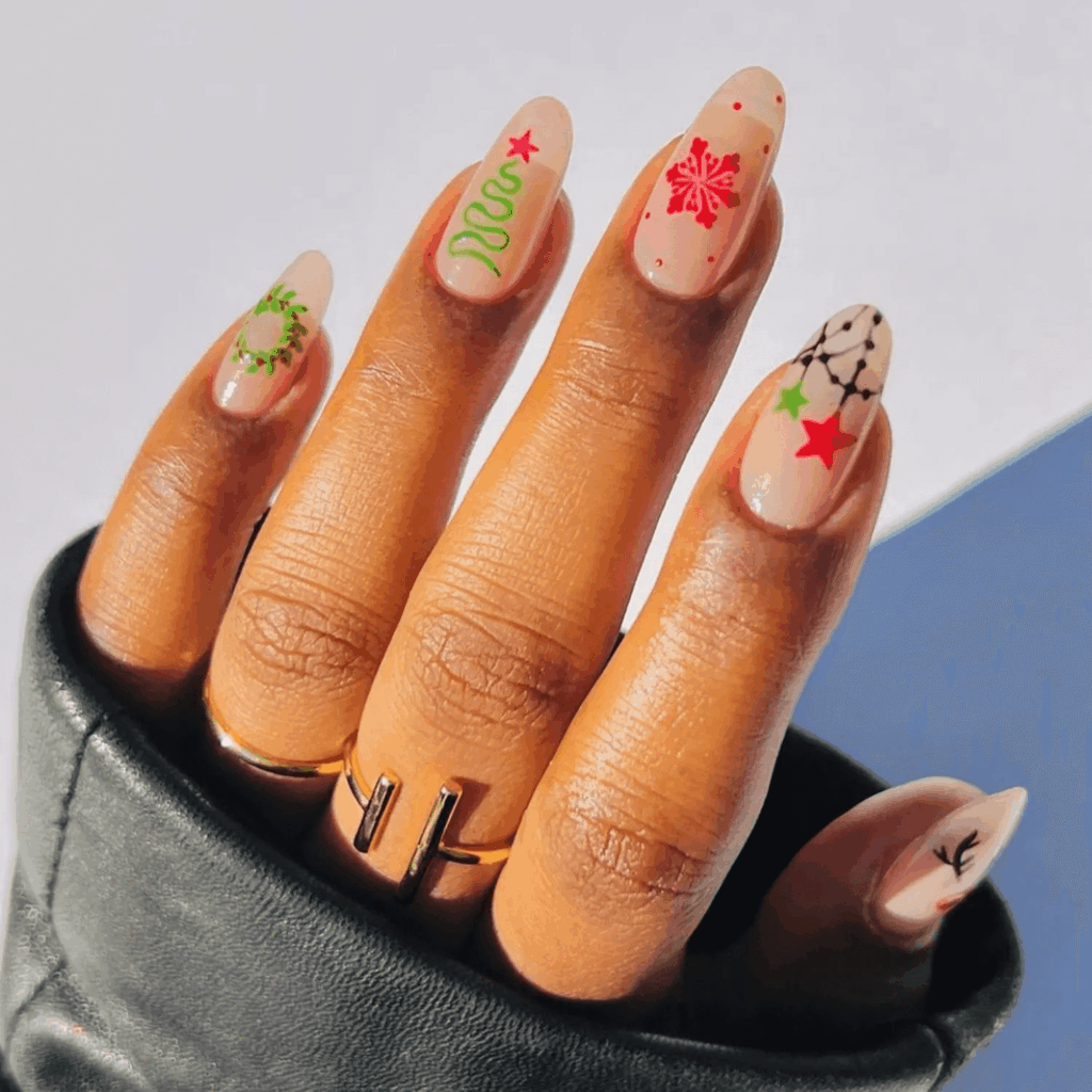 Red and Green Abstract Holiday Doodle Nails Manicure by brushedbyb_