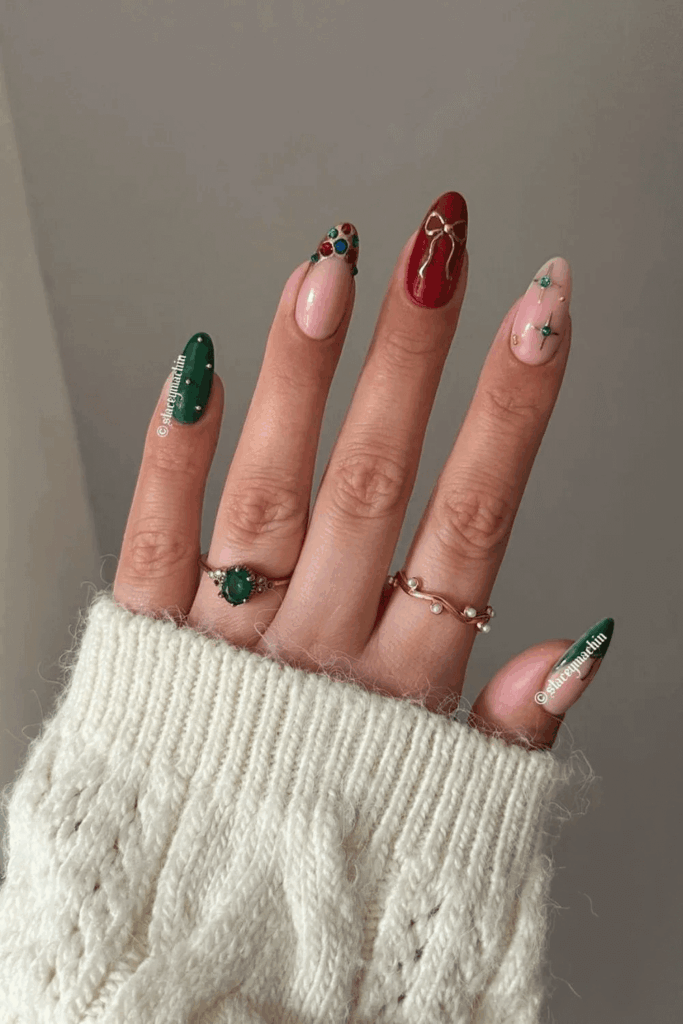 Red and Green Nails with Playful Festive Decals December by staceymachin