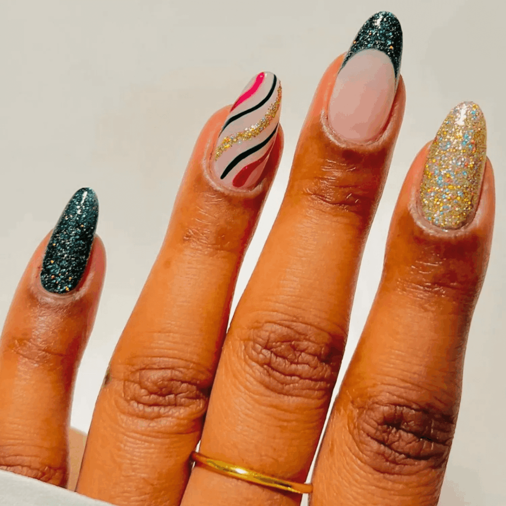 Red and Green Shimmer Mix-and-Match Glitter Nails by brushedbyb_
