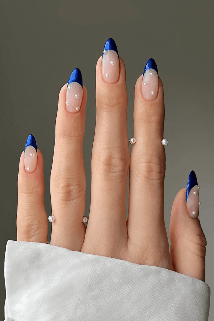 Sapphire Blue French Manicure with Pearl Embellishments by thehotblend
