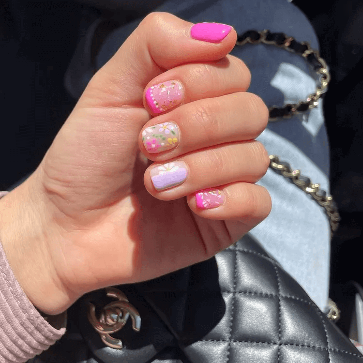 Short Pink, Purple, Yellow Floral Spring Mani by rachelsuenails
